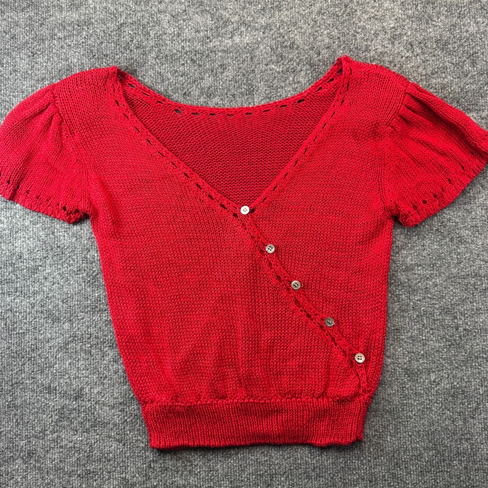 Vtg Liz Claiborne Wrap Sweater Womens M Red Silk Blend Knit Asymmetrical Button